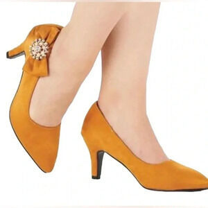 ANGEL STEPS | Mustard Yellow Suede Crystal Embellished Pointed Toe Pumps